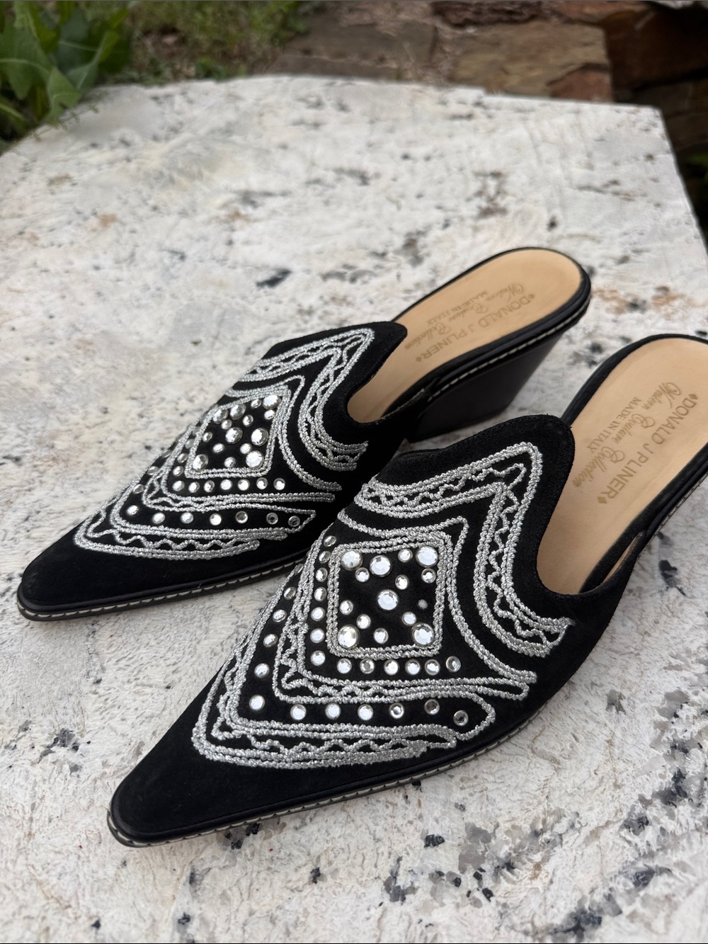 Donald J. Pliner Black Suede Pointed Embellished Mules